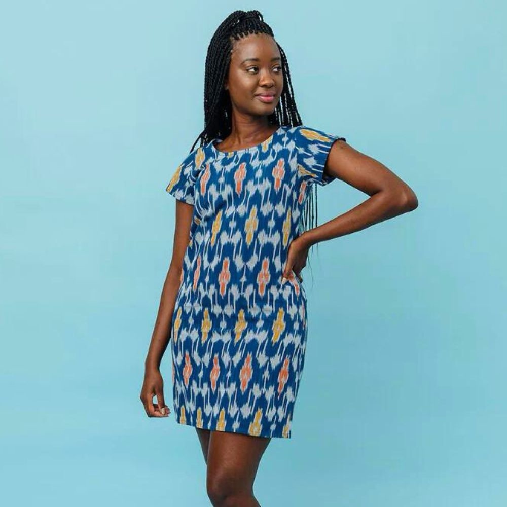 Mata Traders “Farida” blue ikat shift dress